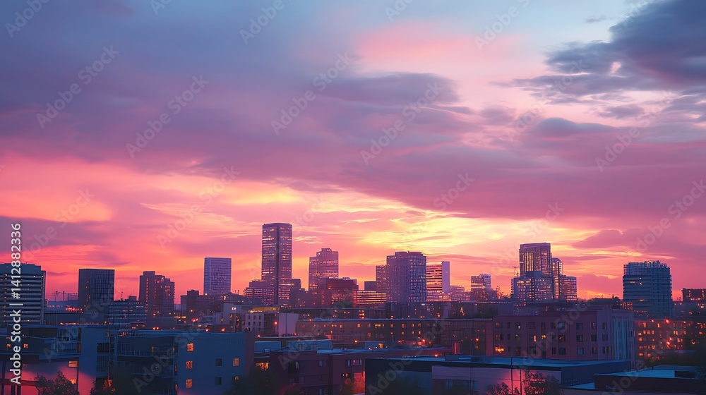 Fototapeta premium Radiant urban dusk skyline reflected in tranquil riverfront view high resolution picture