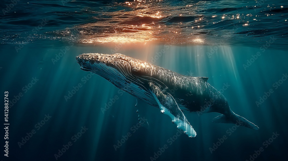 Naklejka premium Majestic Humpback Whale Swimming Gracefully Underwater Rays