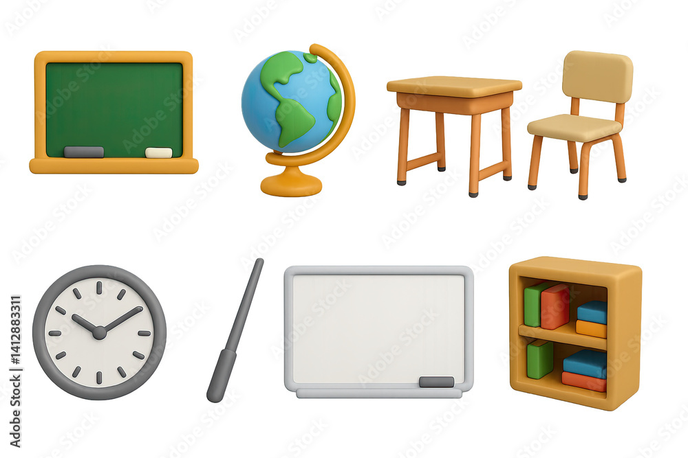 3d classroom essentials icons set: chalkboard to bookshelf