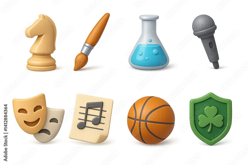 3d hobby and interest icons set: chess, art, science, music, sports, theater, and more
