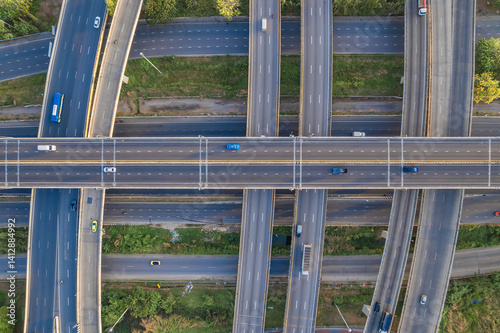 Aerial view of transport junction road with car movement, Transport industry concept.