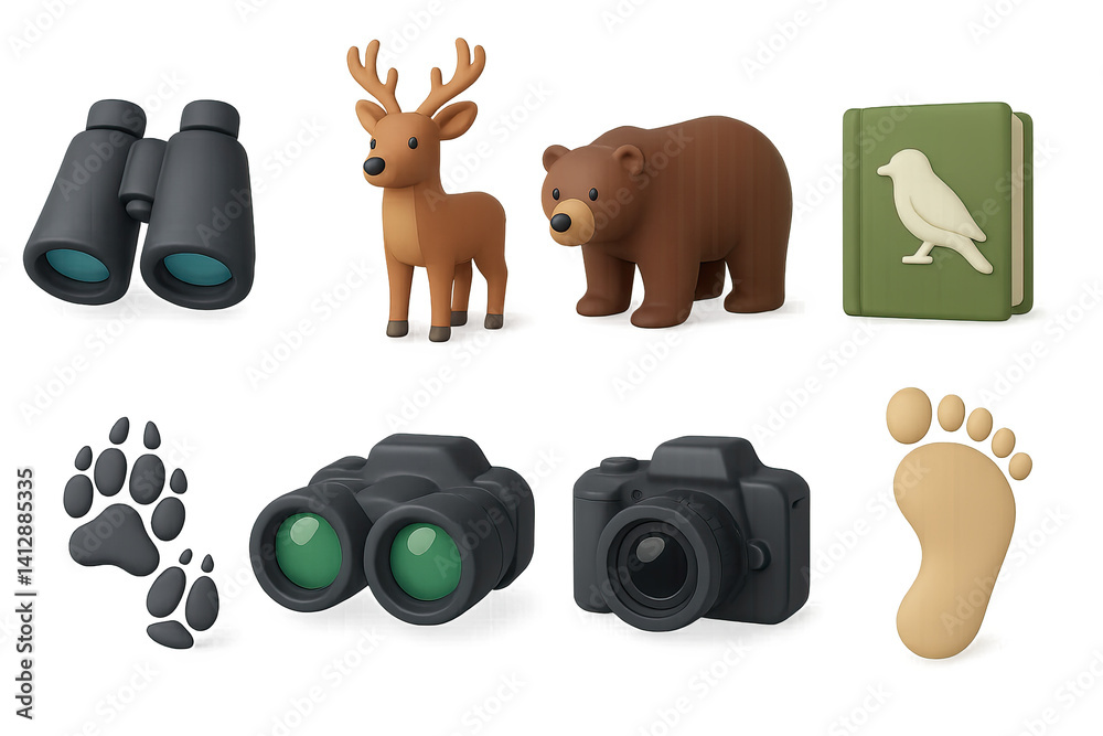 3D icon set of wildlife spotting: binoculars, deer, bear, bird book, animal tracks, night vision goggles, camera, footprint. 3d icon. Isolated