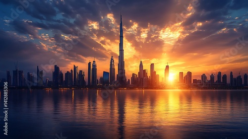 Fiery sunset skyline glowing over glassy waterfront city high resolution picture