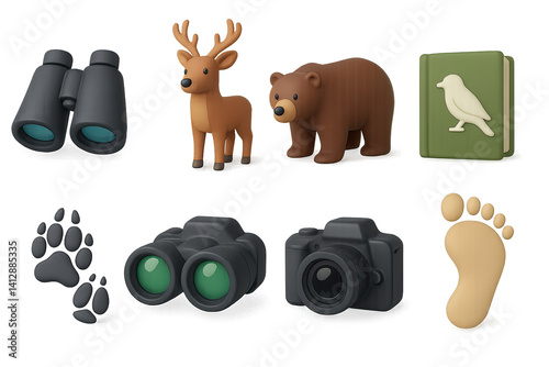Obraz na płótnie 3D icon set of wildlife spotting: binoculars, deer, bear, bird book, animal tracks, night vision goggles, camera, footprint. 3d icon. Isolated w salonie