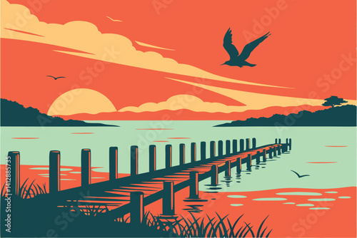 28 Sunset over calm ocean, silhouette of flying seagull, flock of birds in distance, wooden pier posts, vibrant orange and red sky, turquoise water, reflective water surface, peaceful coastal scene, m