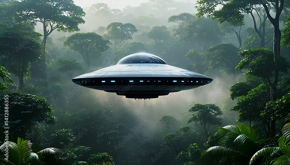 Obraz premium a sleek, metallic ufo hovers amidst the dense, misty canopy of a lush tropical rainforest, casting an ethereal glow upon the vibrant green foliage.