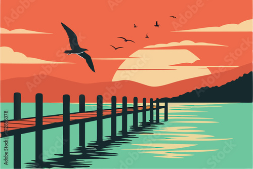 28 Sunset over calm ocean, silhouette of flying seagull, flock of birds in distance, wooden pier posts, vibrant orange and red sky, turquoise water, reflective water surface, peaceful coastal scene, m