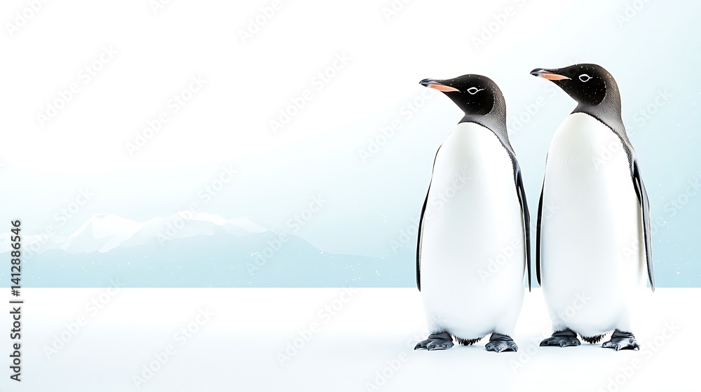 Naklejka premium Two penguins stand together on a snowy landscape, staring off into the distance