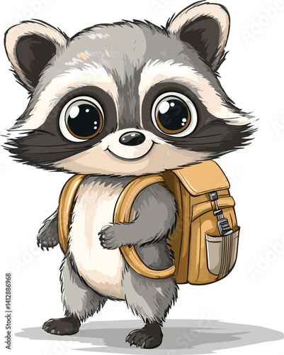 Cute cartoon raccoon with a backpack