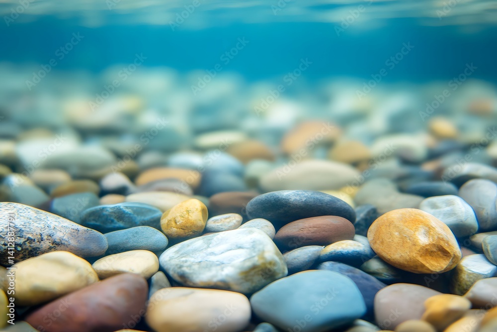Underwater view of colorful pebbles on the seabed with blue water above.