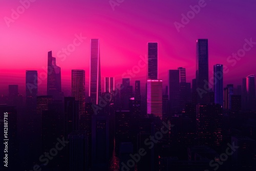 Futuristic city skyline at dusk