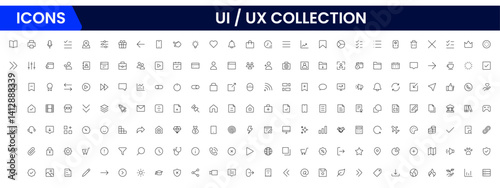 Vector illustration web line icon collection focused on UX/UI design, featuring wireframes, user flow, interface elements, cursor clicks, mobile layout, and usability symbols.