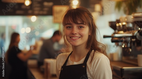 A young European woman in her early 20s smiles warmly in a cafe, showcasing a relaxed atmosphere and her friendly personality while serving customers.