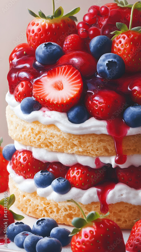 Fototapeta premium Delicious Layered Cake with Fresh Strawberries and Blueberries Topped with Berry Sauce