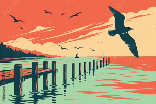 28 Sunset over calm ocean, silhouette of flying seagull, flock of birds in distance, wooden pier posts, vibrant orange and red sky, turquoise water, reflective water surface, peaceful coastal scene, m