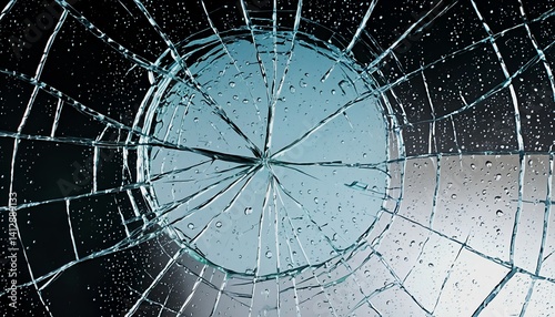 a dramatic, circular view through shattered glass covered in water droplets creates a striking and fractured perspective.