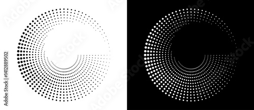 Modern abstract background. Halftone dots in circle form. Round logo. Vector dotted frame. Design element or icon. Black shape on a white background and the same white shape on the black side.
