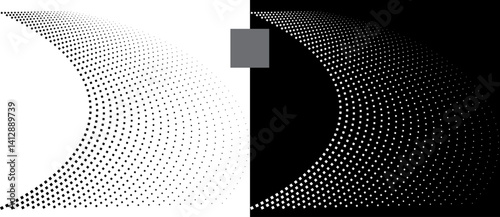 Modern abstract background. Halftone squares as design element. Black shape on a white background and the same white shape on the black side.