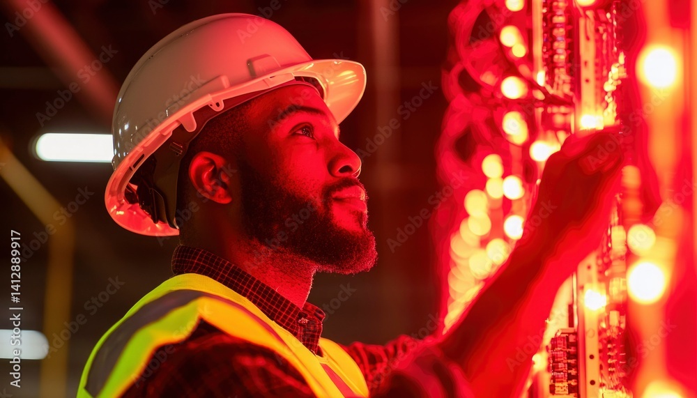 Focused Technician in Red Lights
