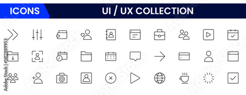 Vector illustration web line icon collection focused on UX/UI design, featuring wireframes, user flow, interface elements, cursor clicks, mobile layout, and usability symbols.