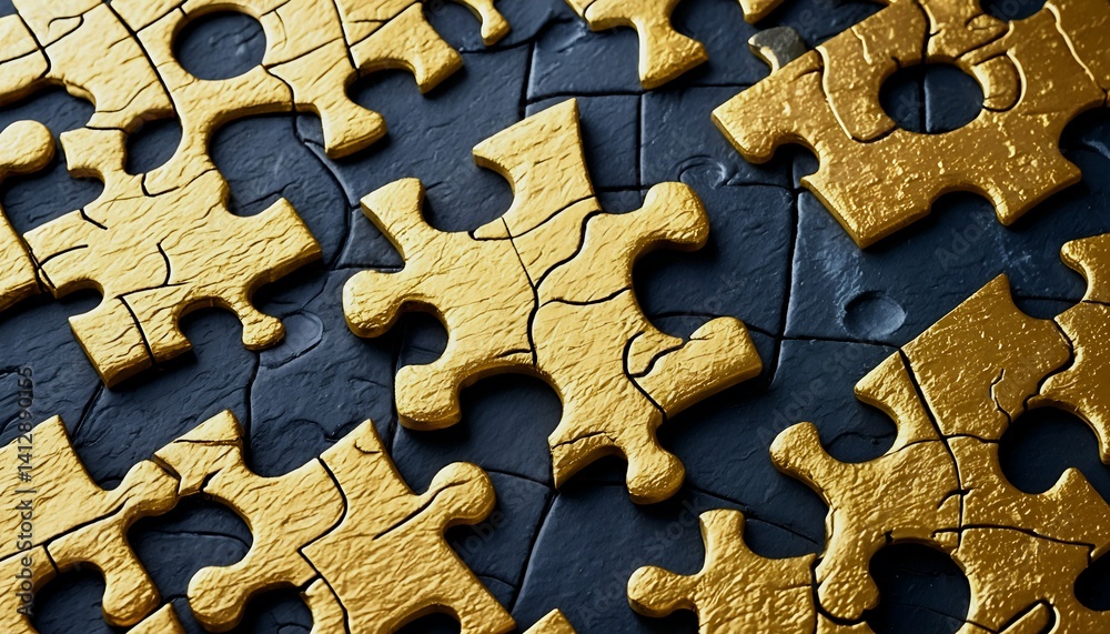 Fototapeta premium a close-up view of interlocking golden jigsaw puzzle pieces against a dark textured background creates an abstract and intriguing pattern.