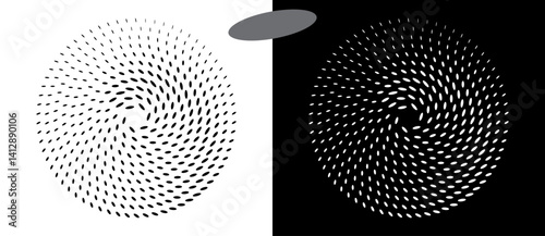 Modern abstract background. Halftone ovals in circle form. Round logo, design element or icon. Vector dotted frame. A black figure on a white background and an equally white figure on the black side.