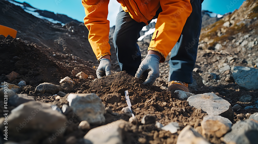 Fototapeta premium Geologist conducting a soil sample analysis at a mining site. Featuring geological research and soil testing