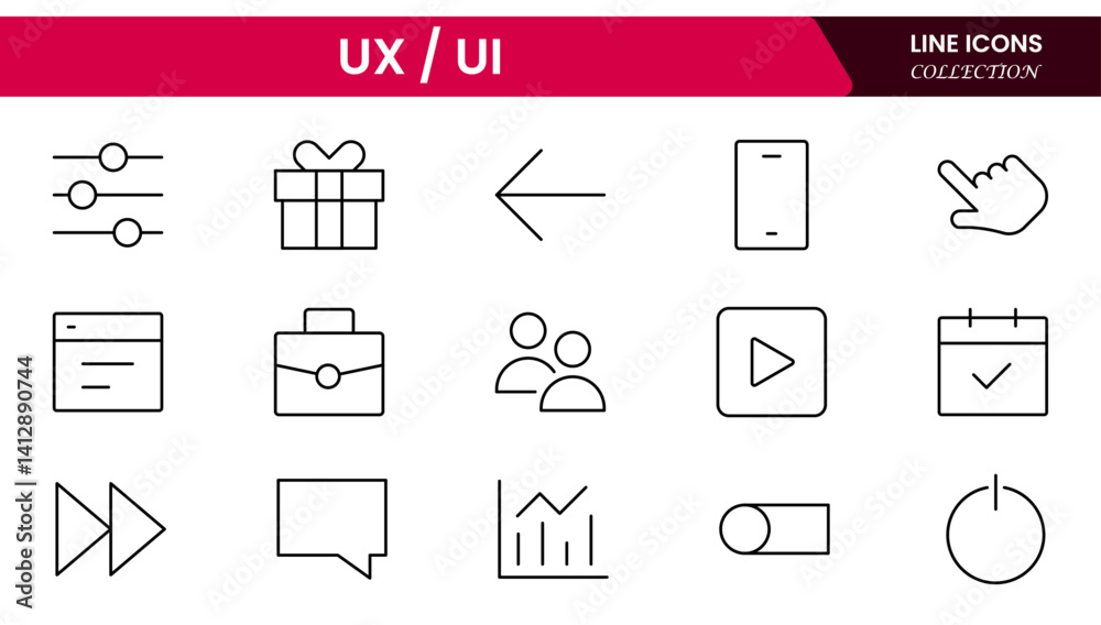 Vector illustration web line icon collection focused on UX/UI design, featuring wireframes, user flow, interface elements, cursor clicks, mobile layout, and usability symbols. Vector illustration web line icon collection focused on UX/UI design, featuring wireframes, user flow, interface elements, cursor clicks, mobile layout, and usability symbols.