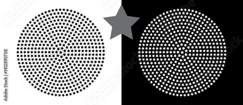 Abstract vector circle with halftone stars as logo or icon. Black shape on a white background and the same white shape on the black side.