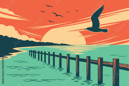 28 Sunset over calm ocean, silhouette of flying seagull, flock of birds in distance, wooden pier posts, vibrant orange and red sky, turquoise water, reflective water surface, peaceful coastal scene, m