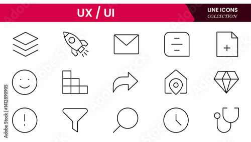 Vector illustration web line icon collection focused on UX/UI design, featuring wireframes, user flow, interface elements, cursor clicks, mobile layout, and usability symbols.