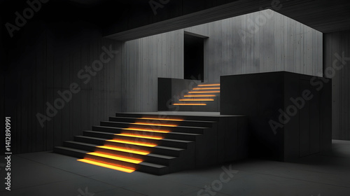 Abstract Concrete Staircase Interior Design With Illuminated Steps