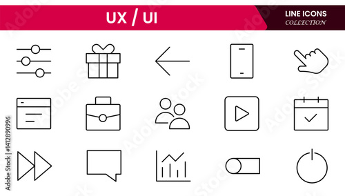 Vector illustration web line icon collection focused on UX/UI design, featuring wireframes, user flow, interface elements, cursor clicks, mobile layout, and usability symbols.