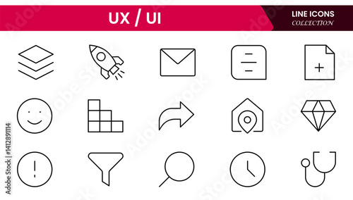 Vector illustration web line icon collection focused on UX/UI design, featuring wireframes, user flow, interface elements, cursor clicks, mobile layout, and usability symbols.
