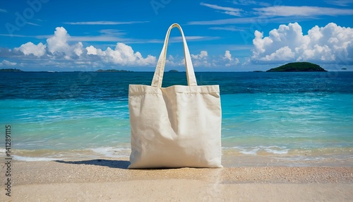 Wallpaper Mural a blank cream tote bag stands on a sandy beach with a vibrant blue ocean and distant islands under a cloudy sky. Torontodigital.ca