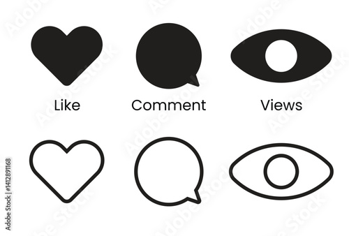 Heart Speech Bubble Eye Icons Vector Set Transparent Background PNG for Social Media Engagement Likes Comments Views Minimalist Black White Design icons set