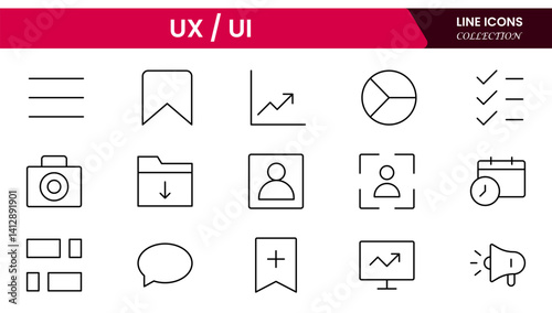 Vector illustration web line icon collection focused on UX/UI design, featuring wireframes, user flow, interface elements, cursor clicks, mobile layout, and usability symbols.