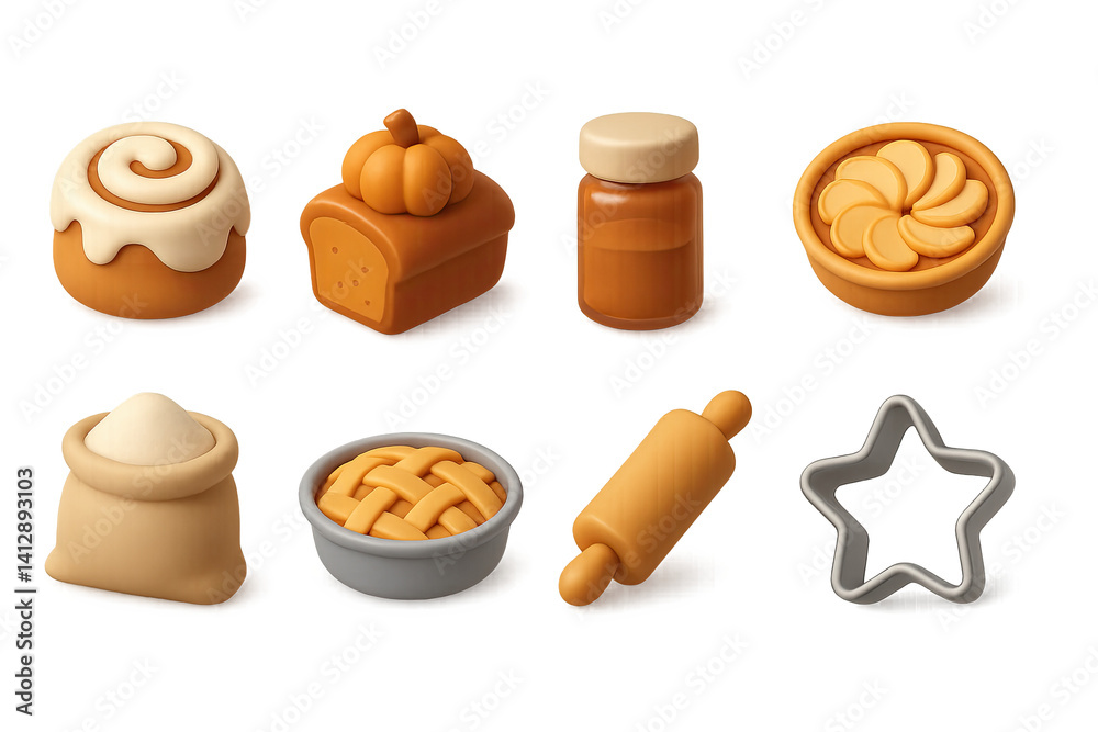 3D icon set of fall baking: cinnamon roll, pumpkin bread, spice jar, apple tart, flour bag, pie dish, rolling pin, cookie cutter. 3d icon. Isolated