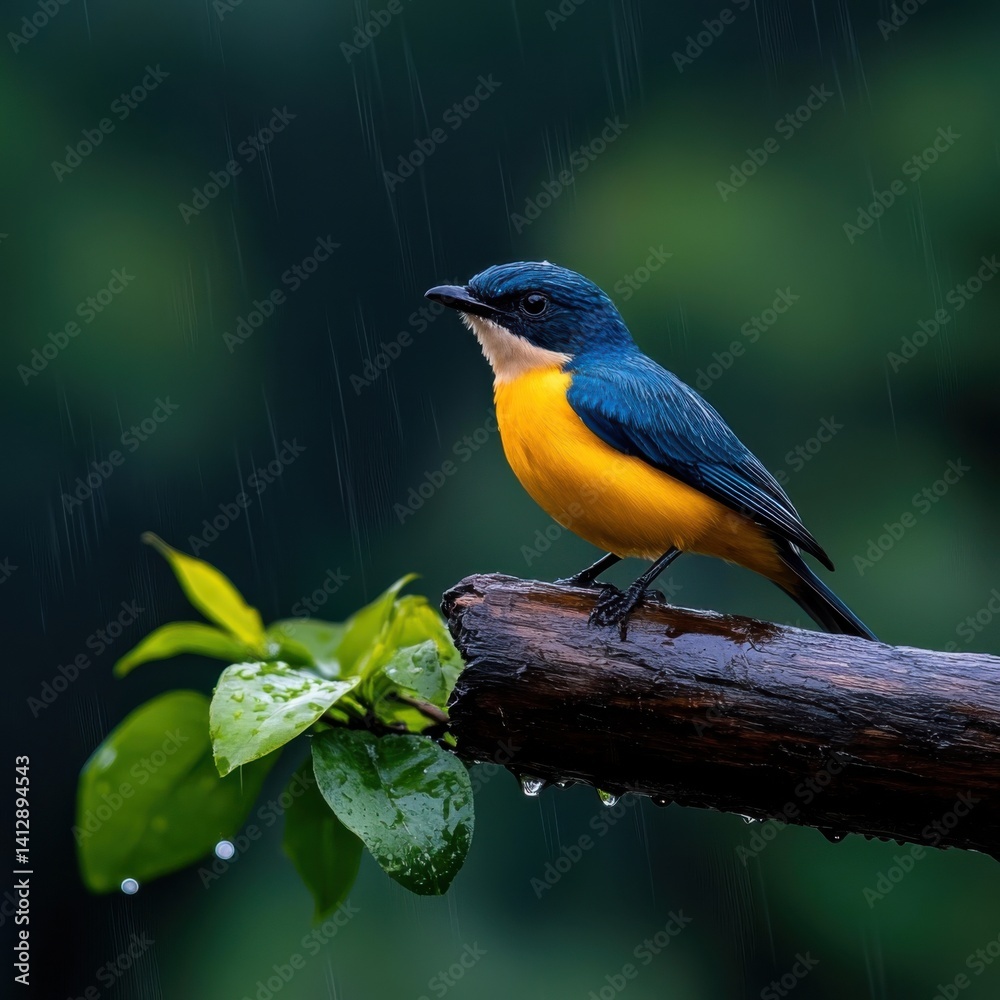 Obraz premium A vibrant blue and yellow tropical bird with puffed feathers perches on a rain-soaked branch du a gentle tropical downpour showcasing its vivid plumage in a stunning