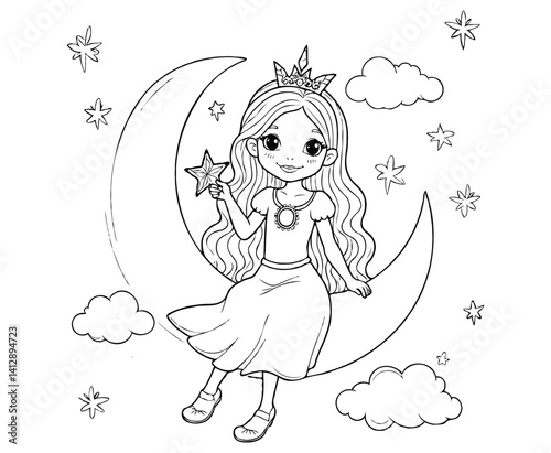 Princess on Moon with Glowing Star Fairytale Coloring Page