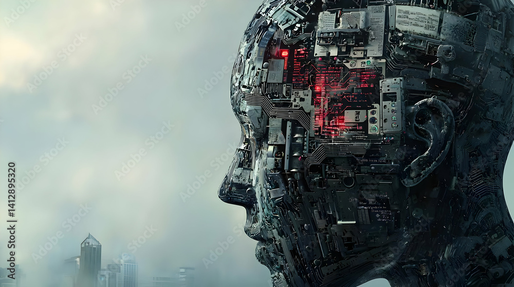 Futuristic Technology Head Profile In Cityscape