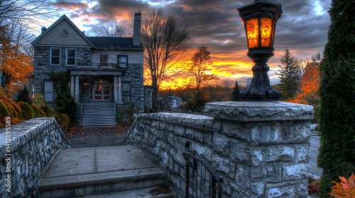 Autumn Sunset View Of Historic Stone House