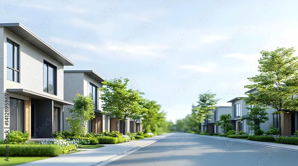 Modern Residential Street View With Houses And Trees