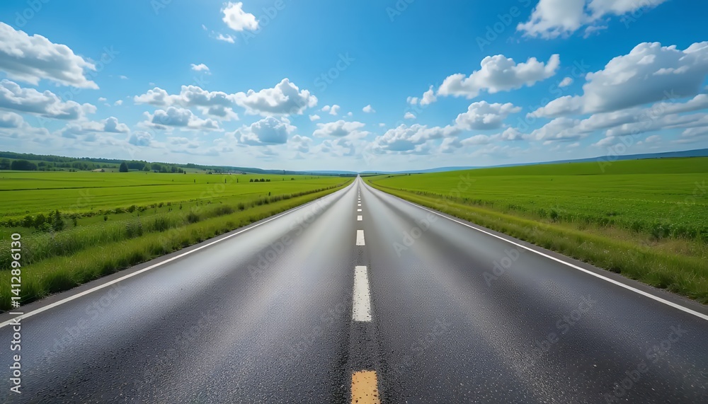 Road Stretching to Horizon with Green Fields and Blue Sky Road Stretching to Horizon with Green Fields and Blue Sky