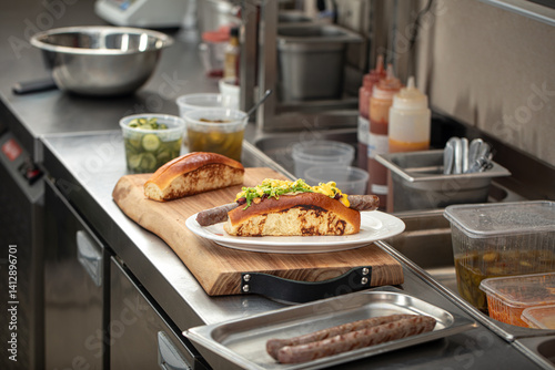 Preparing appetizing hot dogs in american diner kitchen counter