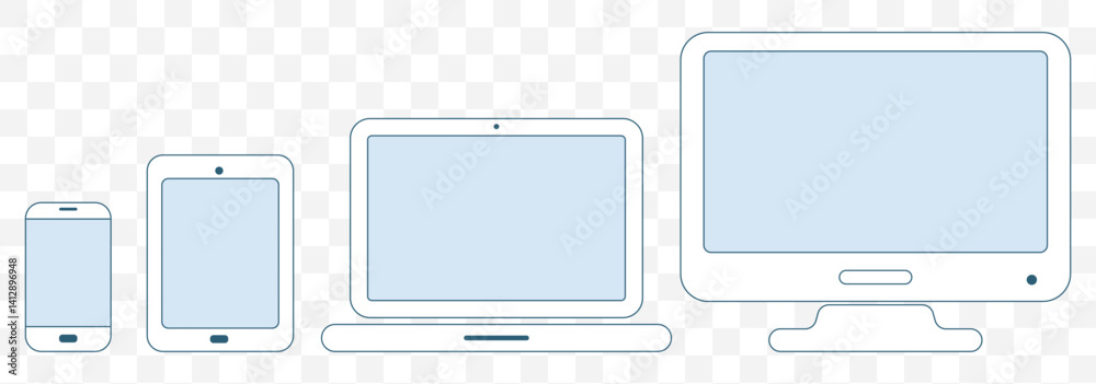 Device icon set in flat style. Collection of symbols: smartphone, tablet, laptop and desktop computer. Digital device collection isolated on white. Vector illustration for web. EPS 10. Device icon set in flat style. Collection of symbols: smartphone, tablet, laptop and desktop computer. Digital device collection isolated on white. Vector illustration for web. EPS 10.