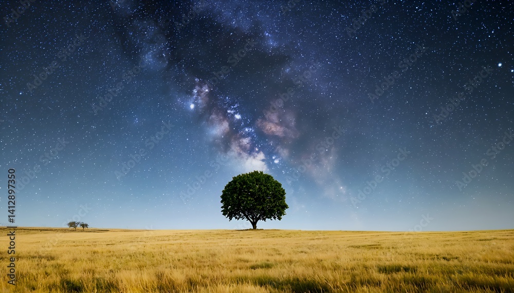 Fototapeta premium a lone tree stands silhouetted against a vibrant, star-filled milky way galaxy over a golden wheat field under a clear night sky.