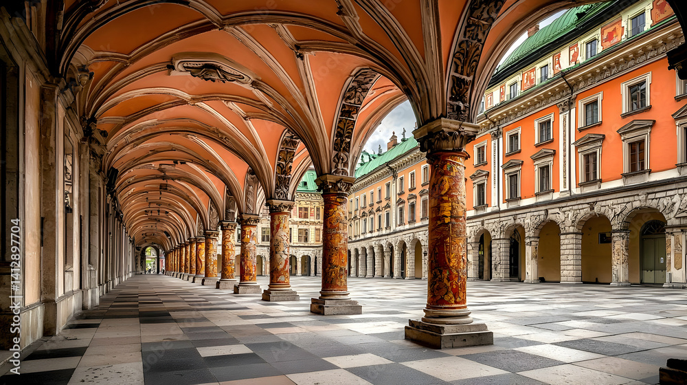 Elegant European City Arcade With Orange Columns