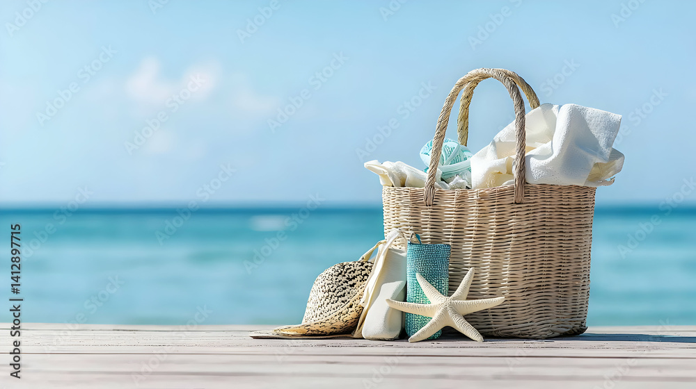 Beach Straw Bag With Accessories On Wooden Dock