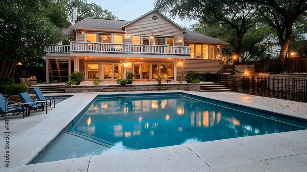 Luxury Home Backyard With Pool At Dusk